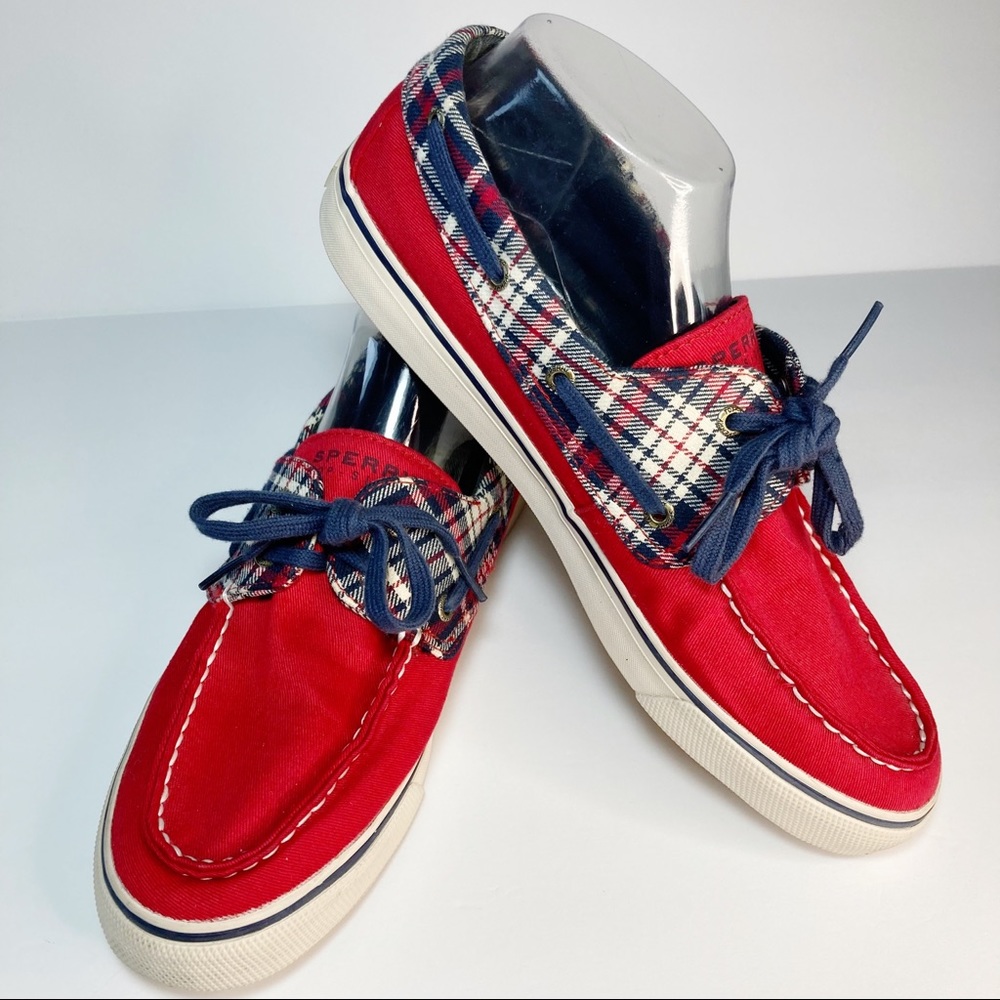 Sperry Top Sider Boat Shoe Red Plaid Canvas 2 Eye